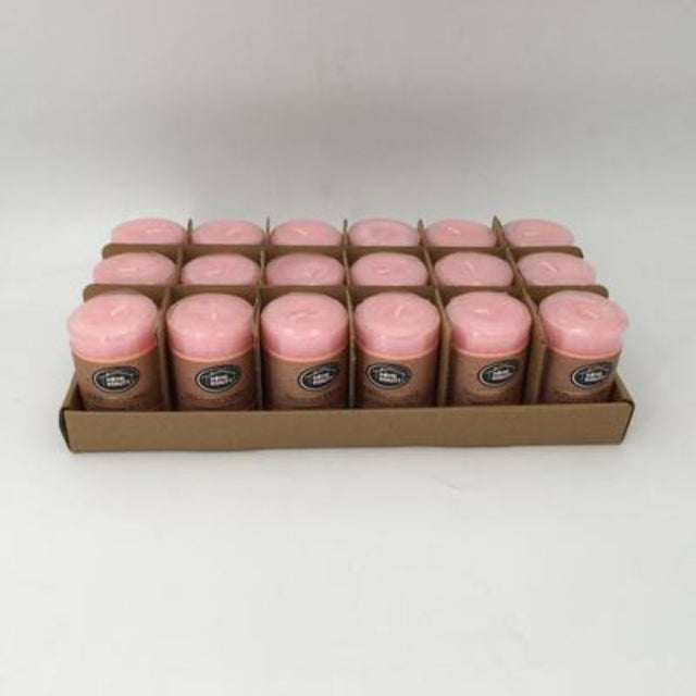 Set of 18 rustic pink scented candles, each 5 x 7.5 cm, perfect for creating a calming ambiance in any room.