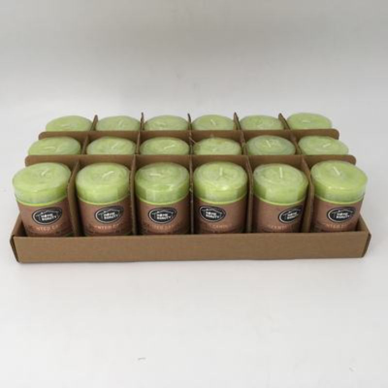 Set of 6 rustic lime green scented candles, 5 x 7.5cm, perfect for cozy ambiance and delightful aromas in any decor.