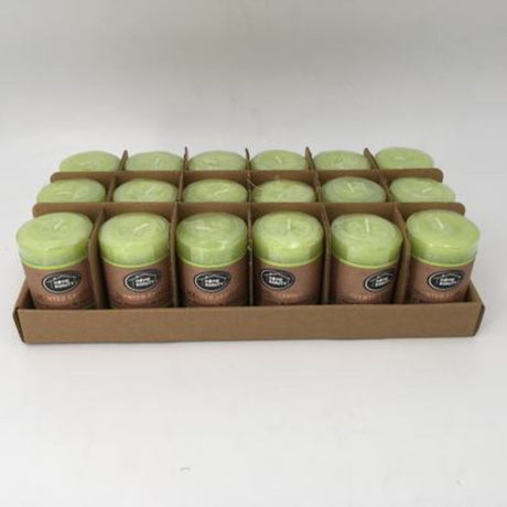 Set of 6 rustic lime green scented candles, 5 x 7.5cm, perfect for cozy ambiance and delightful aromas in any decor.