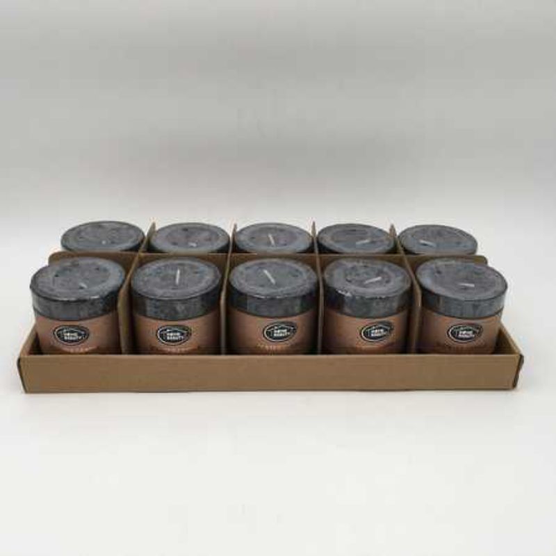 Set of 10 rustic black scented candles, 7 x 7.5cm, burning up to 36 hours, perfect for creating a warm ambiance.