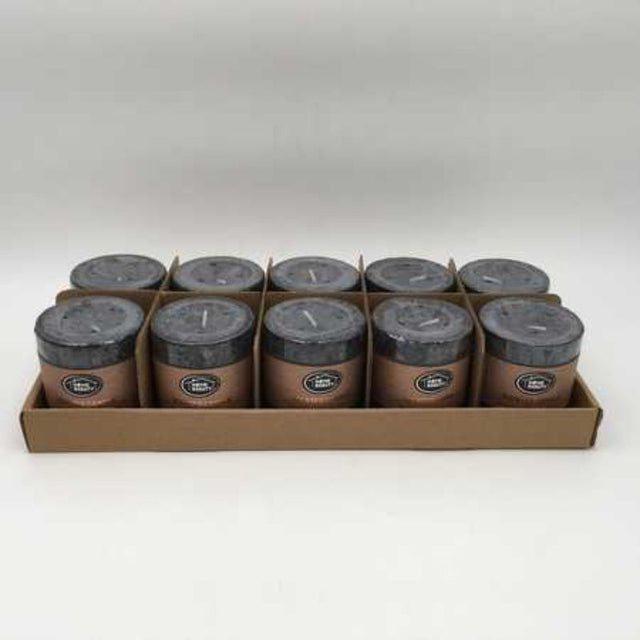 Set of 10 rustic black scented candles, 7 x 7.5cm, burning up to 36 hours, perfect for creating a warm ambiance.