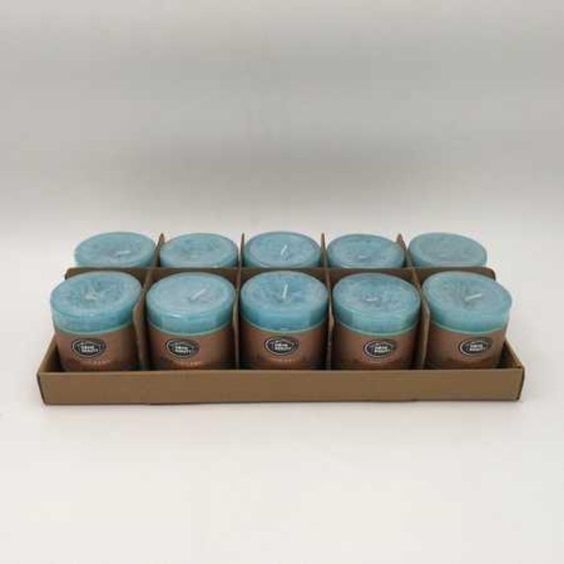 Set of 10 Rustic Blue scented candles, 7 x 7.5cm, providing soothing fragrances and warm ambiance for any occasion.