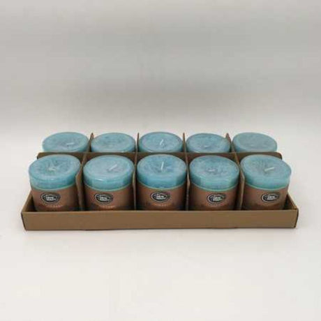 Set of 10 Rustic Blue scented candles, 7 x 7.5cm, providing soothing fragrances and warm ambiance for any occasion.
