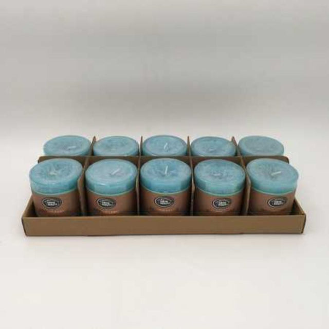 Set of 10 Rustic Blue scented candles, 7 x 7.5cm, providing soothing fragrances and warm ambiance for any occasion.
