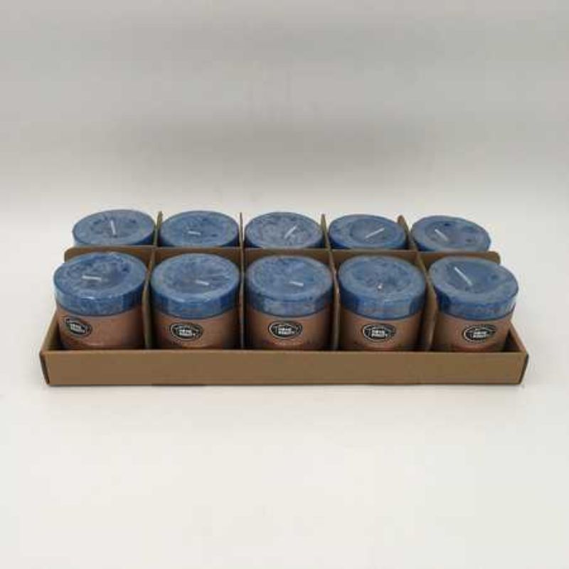 Set of 10 rustic royal blue scented candles, 7 x 7.5cm, offering inviting fragrances and a cozy atmosphere for any space.