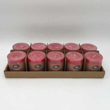 Set of 10 rustic red scented candles, 7 x 7.5cm, providing 36 hours of warm glow and delightful fragrance for any decor.