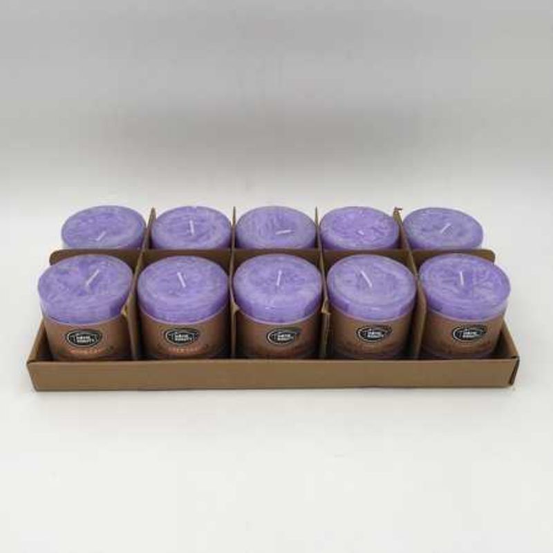 Set of 10 rustic purple scented candles, 7 x 7.5cm, perfect for creating a cozy and aromatic ambiance.