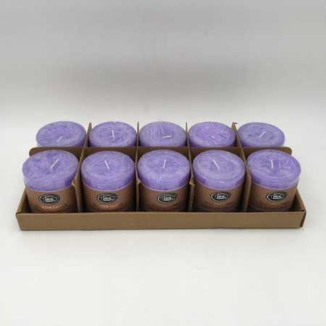 Set of 10 rustic purple scented candles, 7 x 7.5cm, perfect for creating a cozy and aromatic ambiance.
