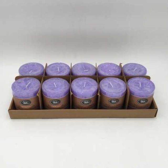 Set of 10 rustic purple scented candles, 7 x 7.5cm, perfect for creating a cozy and aromatic ambiance.