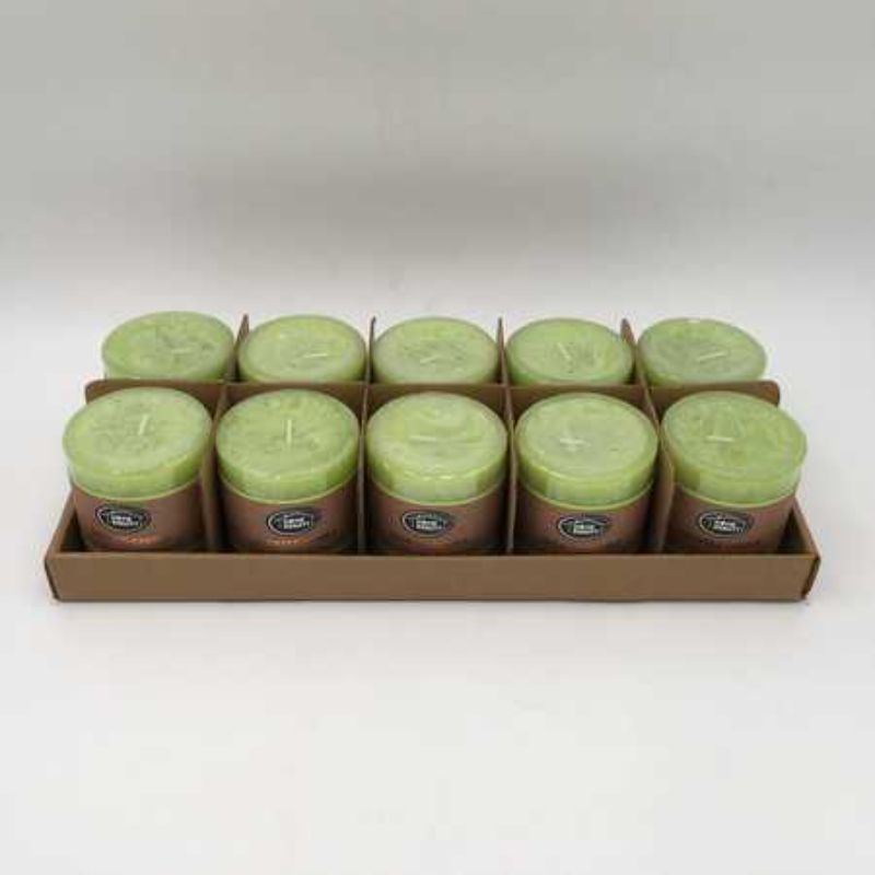 Set of 10 rustic lime green scented candles, 7 x 7.5cm, burns for 36 hours, perfect for home decor and gatherings.