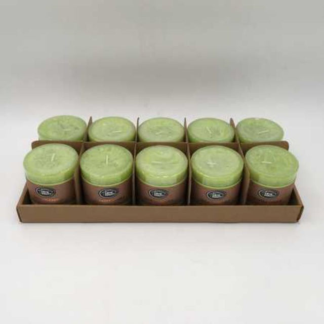 Set of 10 rustic lime green scented candles, 7 x 7.5cm, burns for 36 hours, perfect for home decor and gatherings.