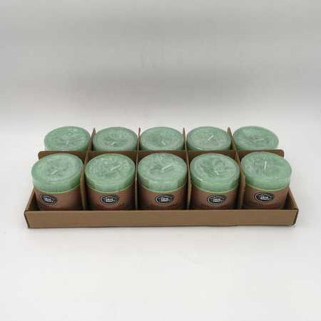 Set of 10 Rustic Mint Green scented candles, 7 x 7.5cm, offering 36 hours of clean, invigorating aroma for any space.
