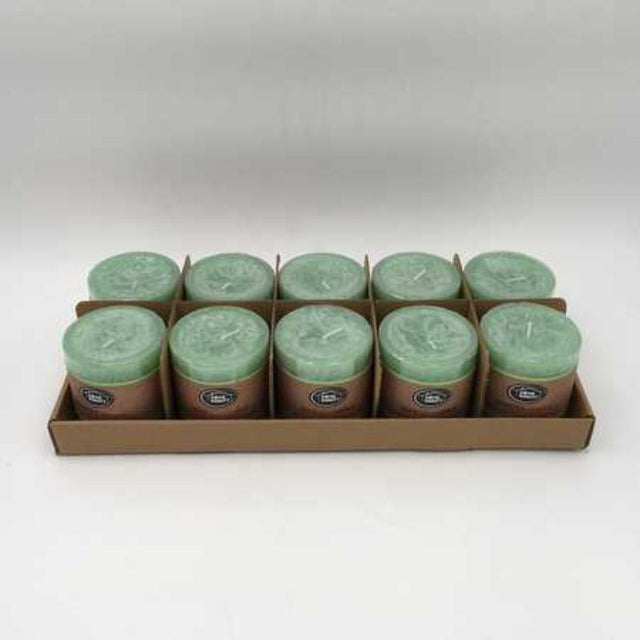 Set of 10 Rustic Mint Green scented candles, 7 x 7.5cm, offering 36 hours of clean, invigorating aroma for any space.