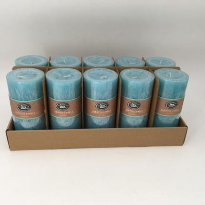 Set of 10 rustic blue scented candles, 7 x 15cm, providing a warm glow and inviting fragrance for any occasion.