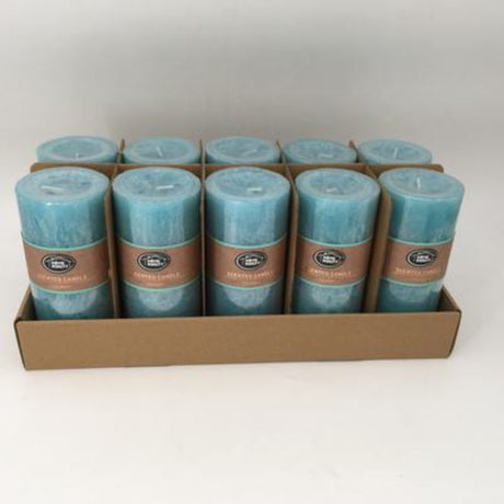Set of 10 rustic blue scented candles, 7 x 15cm, providing a warm glow and inviting fragrance for any occasion.