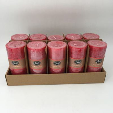 Set of 10 rustic red scented candles, 15cm tall, 7cm wide, perfect for creating a cozy atmosphere and lasting up to 72 hours.