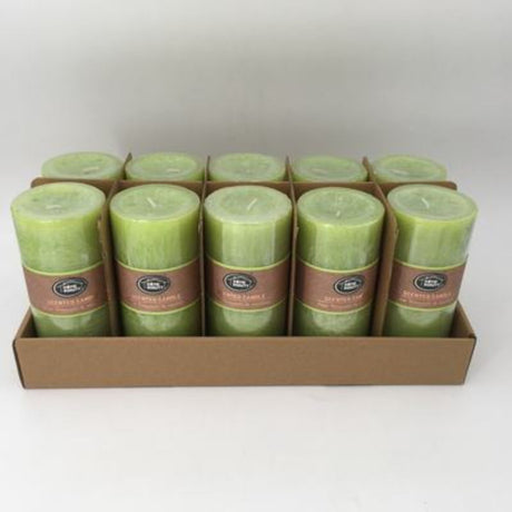 Set of 10 rustic lime green scented candles, each 7 x 15 cm, burning up to 72 hours for aromatic ambiance and decor.