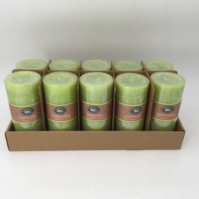 Set of 10 rustic lime green scented candles, each 7 x 15 cm, burning up to 72 hours for aromatic ambiance and decor.