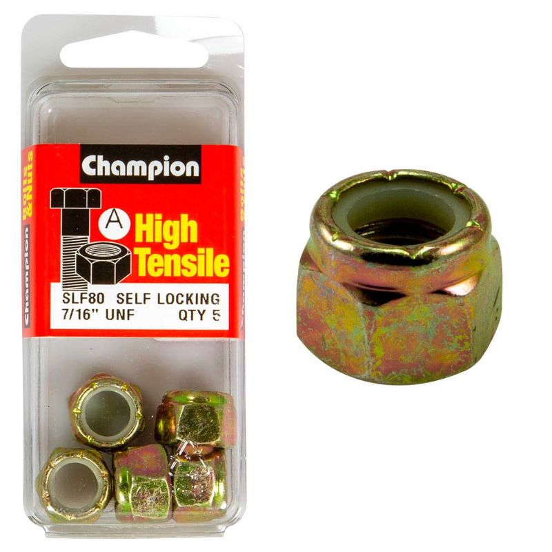 High-strength Champion Nyloc Nut UNF 7/16in (A) - GR5 with nylon insert for secure fastening in automotive and industrial settings.