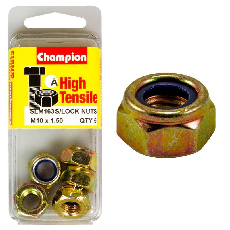 Nyloc nut M10 x 1.50 GR8.8 in steel, designed for secure fastening in high-stress environments, ideal for automotive and construction.