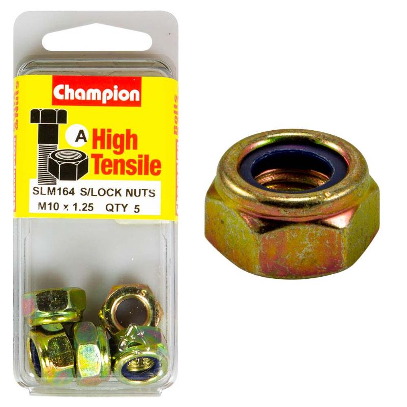 Pack of 5 Champion Nyloc Nuts M10 x 1.25 (A) GR8.8, designed for durable, secure fastening in high-vibration environments.