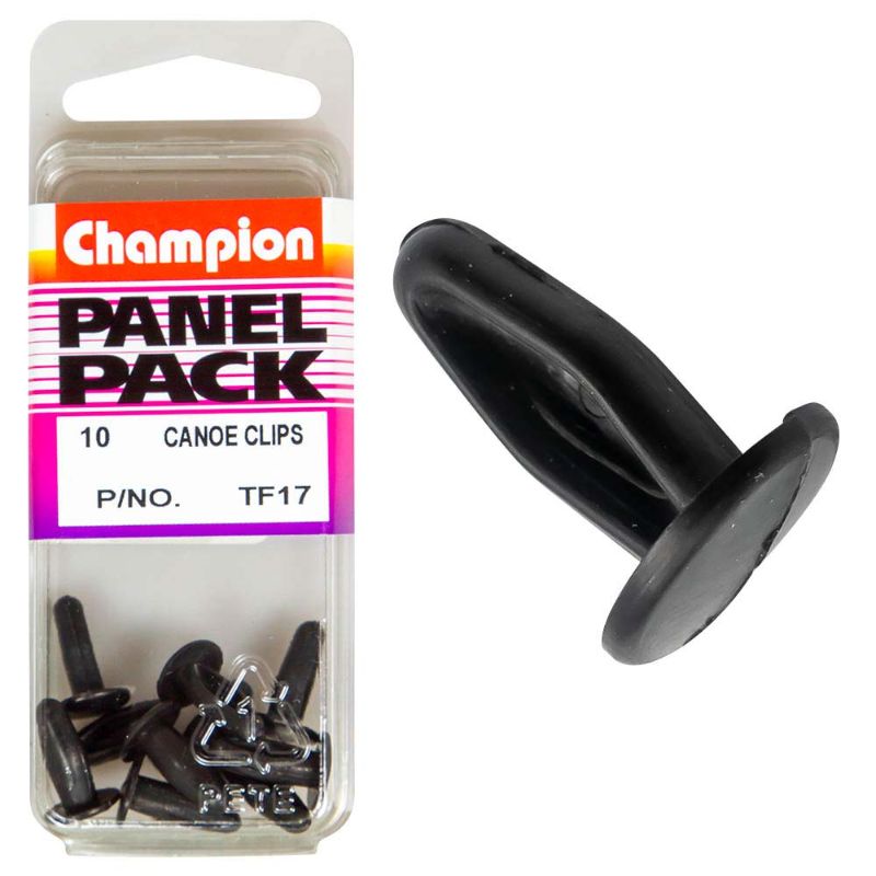 Sleek black Champion Canoe Clips, 9.6mm head, 13.4mm length, durable 10-pack for securing gear during outdoor adventures.