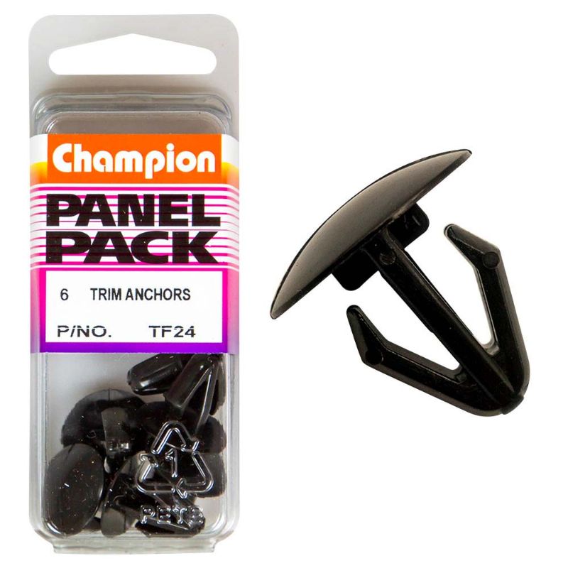 Black Champion Anchor Trim Clips in a 6-pack, featuring a robust 18mm head and 16mm length for secure fastening.