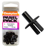 Black Champion Plastic Push Rivets, 16mm head diameter, 10.4mm length, durable 4-pack for automotive and DIY projects.