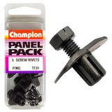 Black Champion Set Screw Rivets 22mm head, 9mm length, 5-pack, designed for durable fastening in various materials.