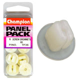 White 6-pack of Champion 6G set screw grommets, ideal for upholstery and repairs, measuring 3/8" x 3/8".