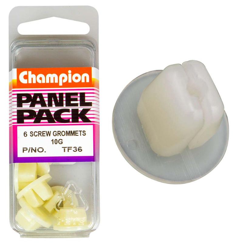 White Champion 10G set screw grommet, 3/8" x 3/8", durable for securing and protecting cables in DIY or professional projects.