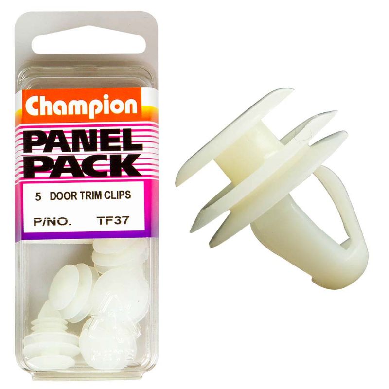 White Champion Door Trim Clip set of five, 13mm x 13mm, ideal for automotive interior repair and replacement.