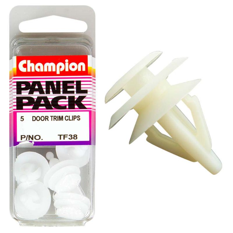 White Champion Door Trim Clips in a 5-pack, 13mm head diameter, 14mm length, for secure auto interior fittings.