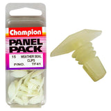 Champion Universal Weather Seal Clips in white, 15-pack for securing weather stripping and improving home insulation.