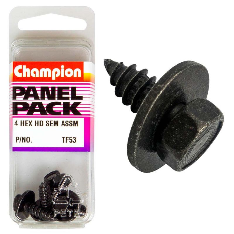 Champion 12G x 3/4in hex self-tapping screws in a 4-pack, featuring sharp points for easy installation in various materials.