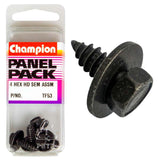 Champion 12G x 3/4in hex self-tapping screws in a 4-pack, featuring sharp points for easy installation in various materials.