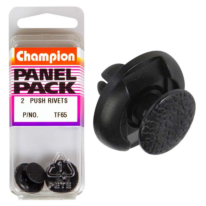 Black Champion Push Rivets, 18mm head, 7mm hole, ideal for automotive and DIY fastening applications.