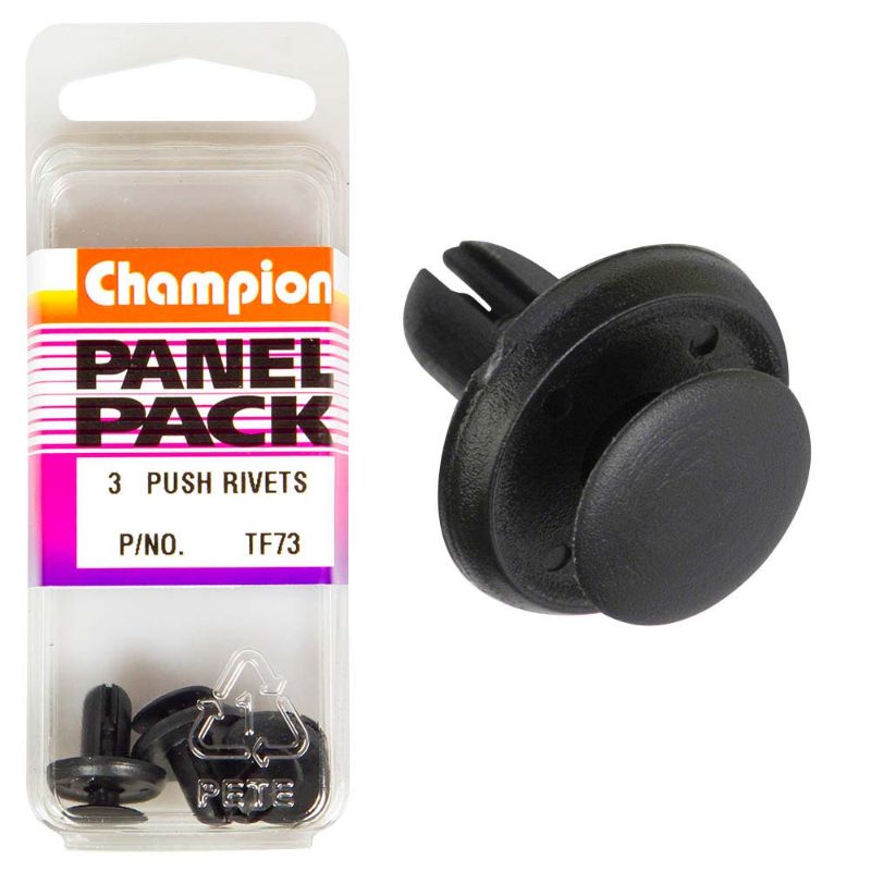 Black Champion Push Rivet set featuring 15mm head, 17mm length, and 6mm hole size, ideal for automotive and DIY projects.