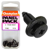 Black Champion Push Rivets, 14mm size, 3-pack, designed for easy, tool-free fastening in various applications.