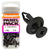 Black Champion Push Rivets, 14mm diameter and 17mm length, 8-pack for durable fastening in automotive and construction projects.