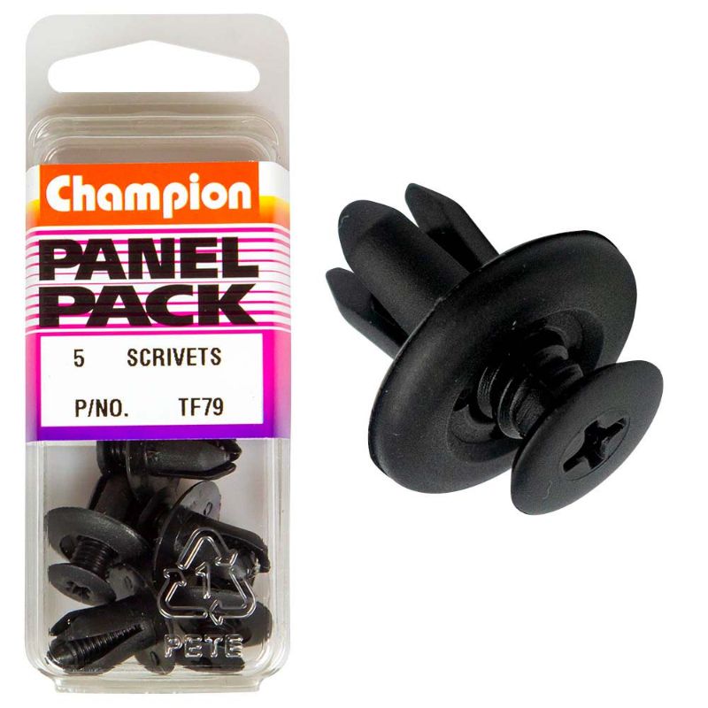 Black Champion Scrivet Clips, 18mm HD x 12mm, 5-pack, durable fastening solution for construction and DIY projects.