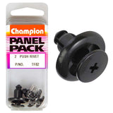 Black Champion Push Rivets 20mm HD, 9mm length - pack of 2, ideal for automotive and home projects, ensures secure fastening.