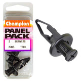 Black Champion Scrivet Clips (2-pack) measuring 20mm x 27mm, ideal for securing panels and organizing tools.