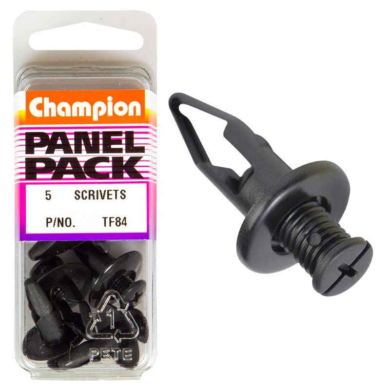 Black Champion Scrivet Clips, 20mm head, 18mm length, 5-pack, ideal for durable fastening in various DIY projects.