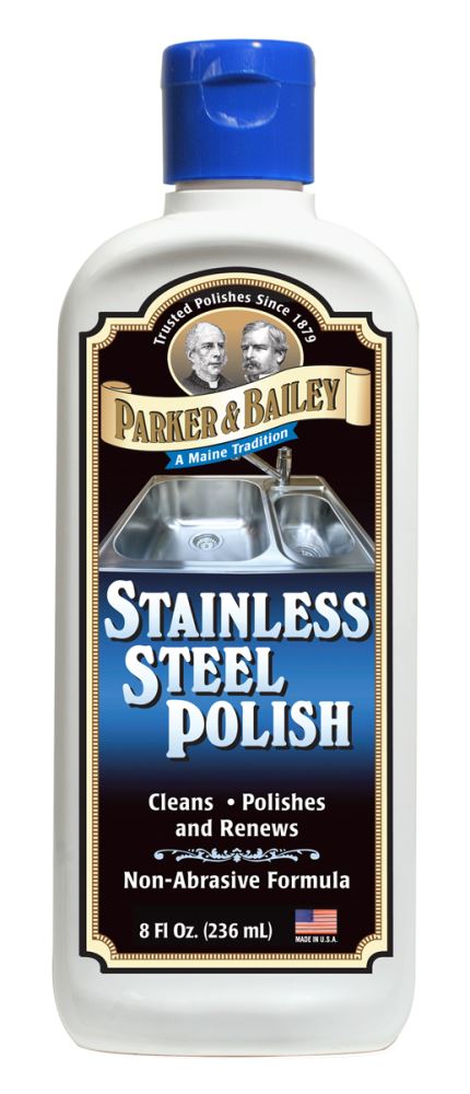 Parker Bailey Stainless Steel Polish bottle for cleaning and renewing stainless steel surfaces, 8 fl oz, made in Maine, USA.