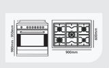 Stainless steel Parmco 900mm gas cooker with 4 burners, 107L oven, and triple-glazed door for efficient cooking.