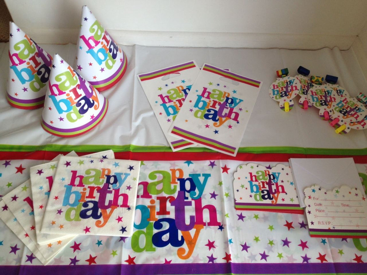 Vibrant Happy Birthday party invitations pack of 10, perfect for creating excitement at any birthday celebration.