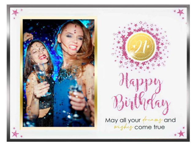 Elegant 21st Glass Glitter Photo Frame (6x4 inches) perfect for showcasing cherished memories in a shimmering design.