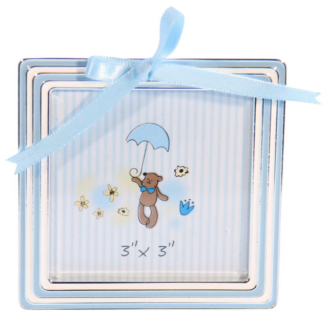 Elegant blue photo frame with a bow, made from zinc alloy with silver plating, perfect for cherished memories.