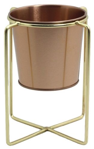 Elegant copper flower pot with gold metal stand, measuring 10.5x10cm, perfect for succulents and small plants.